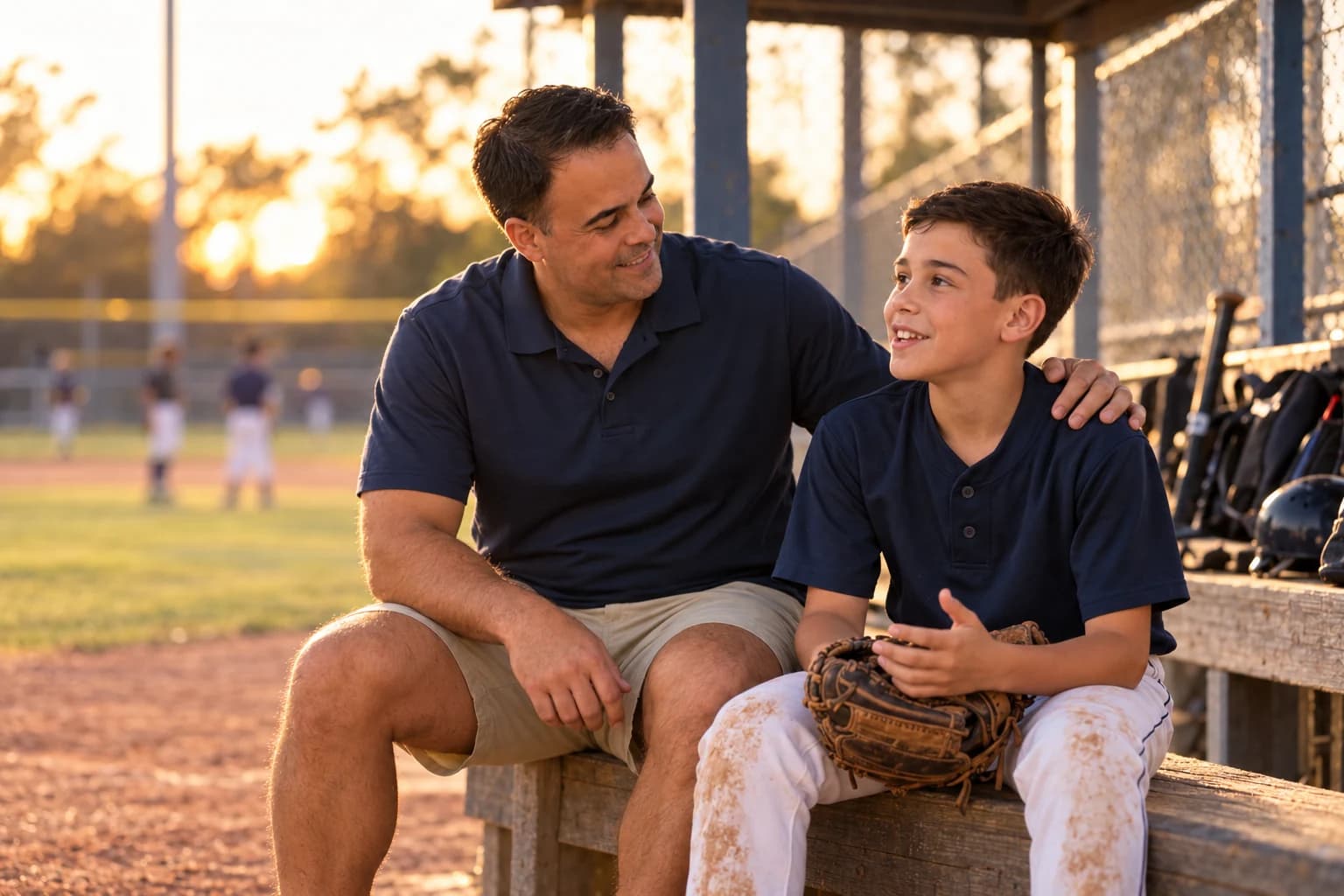 AI-created scene inspired by Michael and his son, sharing a moment in the dugout