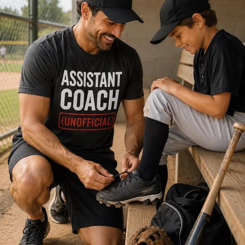 Assistant Coach Unofficial baseball dad shirt shown in The Dugout Dad Etsy listing photo