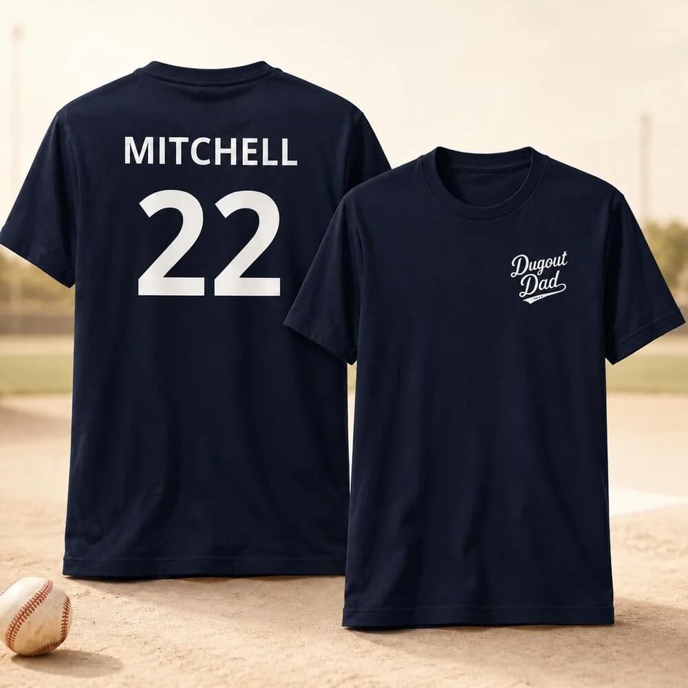 Front and back of a navy personalized Dugout Dad shirt with the example name Mitchell and number 22