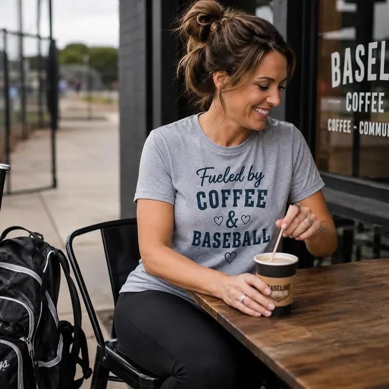 Fueled by Coffee and Baseball shirt shown in The Dugout Mom Etsy listing photo