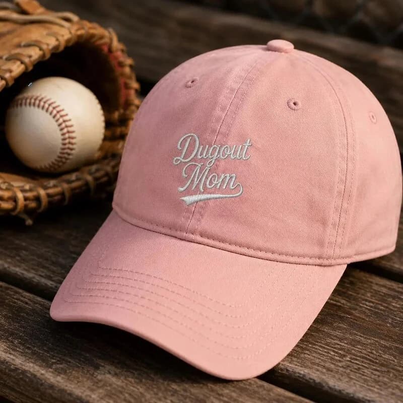 Actual pink Dugout Mom embroidered cap from our sister Etsy shop