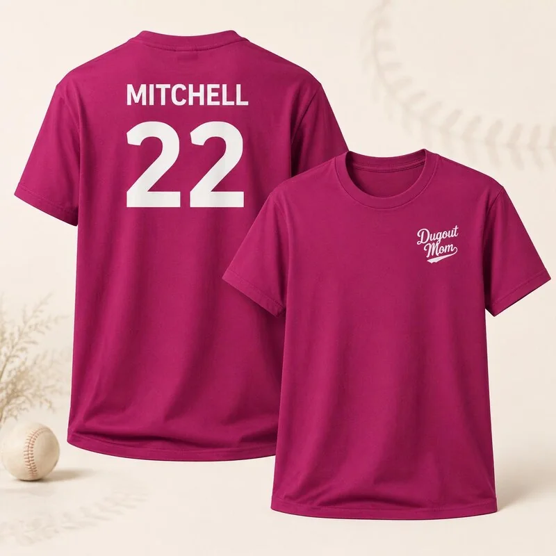 Front and back of a pink personalized Dugout Mom shirt with the example name Mitchell and number 22