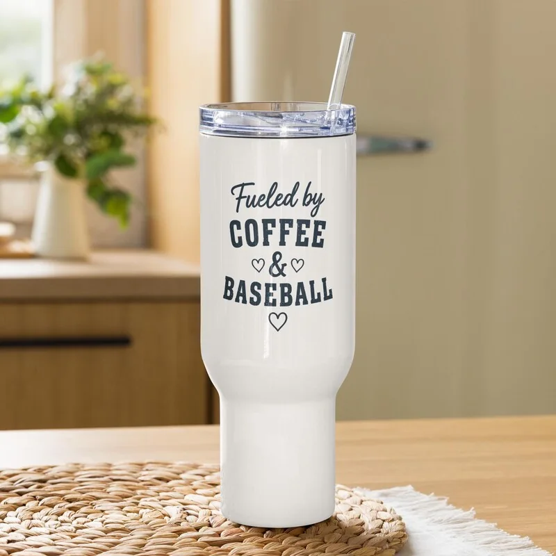 White 40 ounce Fueled by Coffee and Baseball tumbler with handle and straw